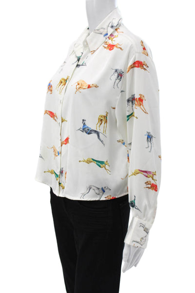 Zara Women White Collared Animal Graphic Button Up Blouse Long Sleeve Size XS
