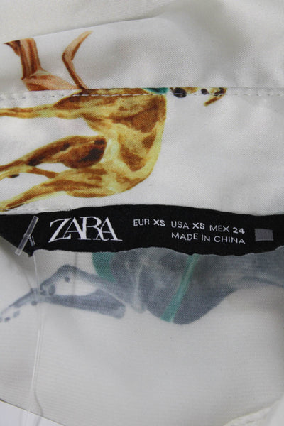 Zara Women White Collared Animal Graphic Button Up Blouse Long Sleeve Size XS