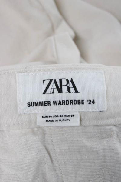 Zara Unisex Paperbag Chino Pants Beige Cotton Drawstring Spring Size 34