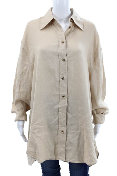 COS Womens Linen Collared Button-Up Tunic Beige Long Sleeve Size 10