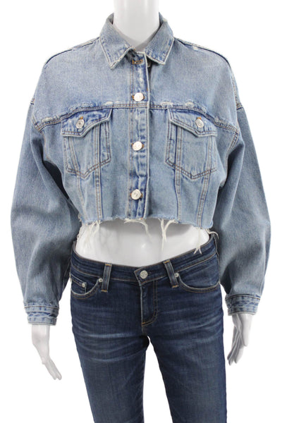 Zara Women Light Blue Cotton Collared Button Long Sleeve 90s Jacket Size XS