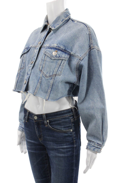 Zara Women Light Blue Cotton Collared Button Long Sleeve 90s Jacket Size XS