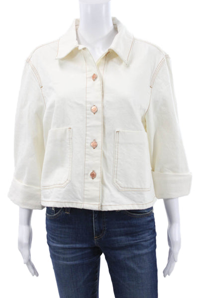 Zara Womens Jacket White Cotton Collared 3/4 Sleeve Button Classic Size M