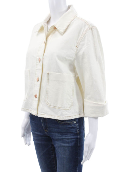 Zara Womens Jacket White Cotton Collared 3/4 Sleeve Button Classic Size M