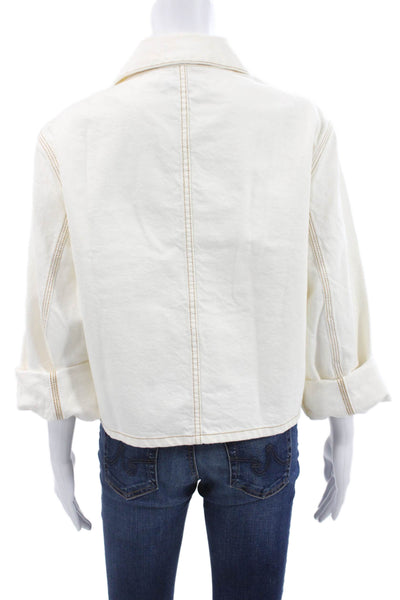 Zara Womens Jacket White Cotton Collared 3/4 Sleeve Button Classic Size M
