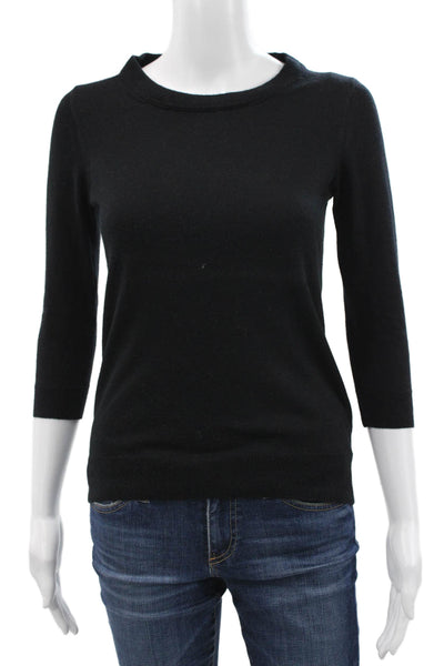 J Crew Women Black Merino Wool Crew Neck Pullover Sweater 3/4 Sleeve Size XS