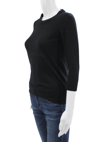 J Crew Women Black Merino Wool Crew Neck Pullover Sweater 3/4 Sleeve Size XS