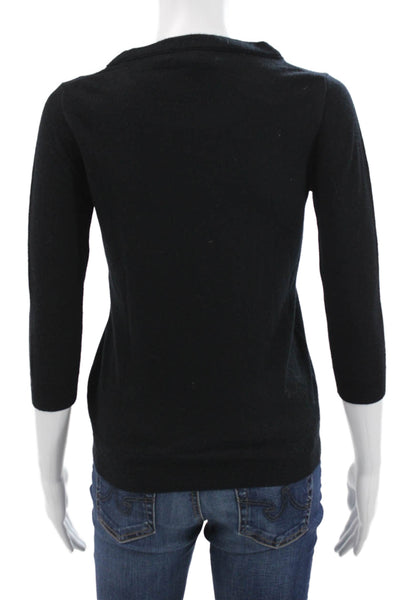 J Crew Women Black Merino Wool Crew Neck Pullover Sweater 3/4 Sleeve Size XS
