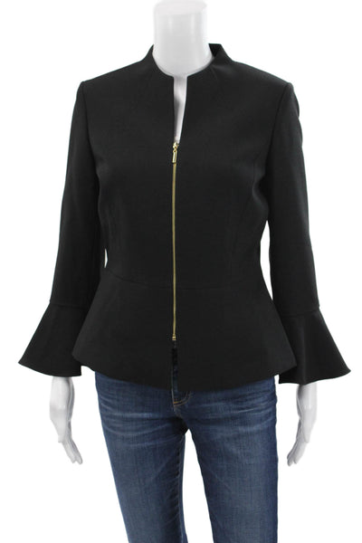 Tahari Levine Womens Black Mock Neck Zip Long Sleeve Blazer Polyester Size 4