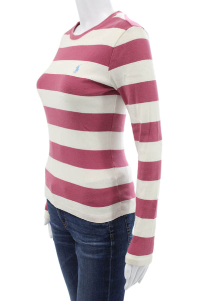 Ralph Lauren Sport Womens Pink Striped Basic T-Shirt Long Sleeve Size S