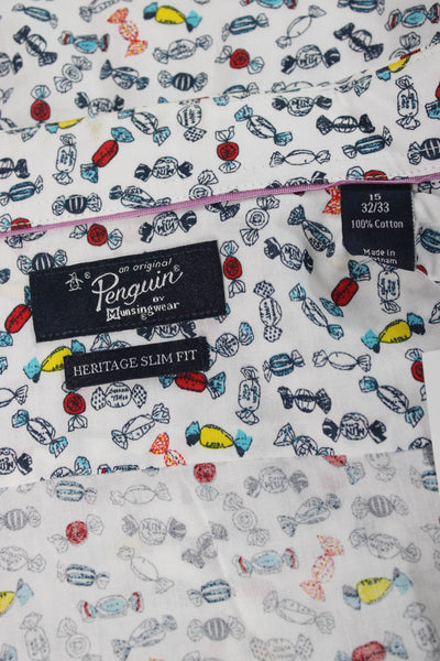 Penguin Mens Novelty Print Slim Fit Button Up Shirt White Size 15 32/33