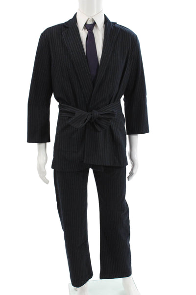 Zara Mens 2 Piece Dark Blue Striped Suit Jacket Pants Size XS