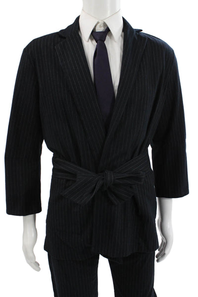 Zara Mens 2 Piece Dark Blue Striped Suit Jacket Pants Size XS