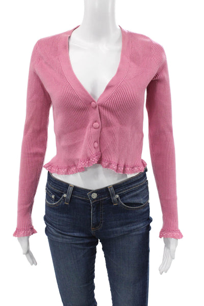 For Love & Lemons Women Cardigan Pink V-Neck Button Long Sleeve Size M