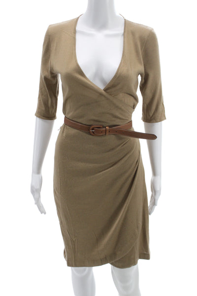 Ralph Lauren Black Label Women Wrap Dress Tan V-Neck Cashmere Silk Size M
