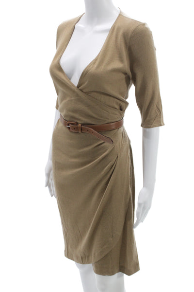 Ralph Lauren Black Label Women Wrap Dress Tan V-Neck Cashmere Silk Size M