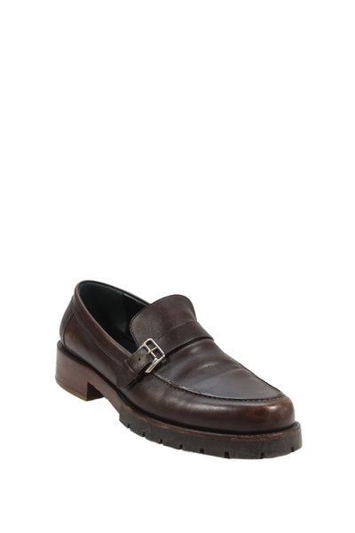 Hermes Mens Leather Buckle Side Slide On Dress Loafers Brown Size 10