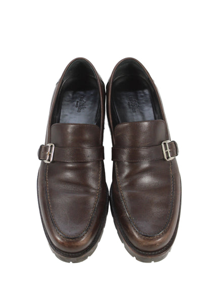 Hermes Mens Leather Buckle Side Slide On Dress Loafers Brown Size 10