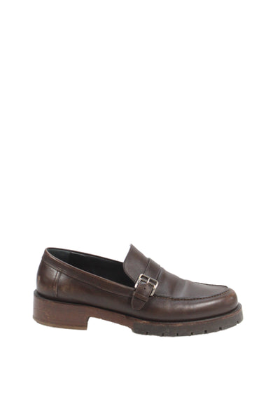 Hermes Mens Leather Buckle Side Slide On Dress Loafers Brown Size 10