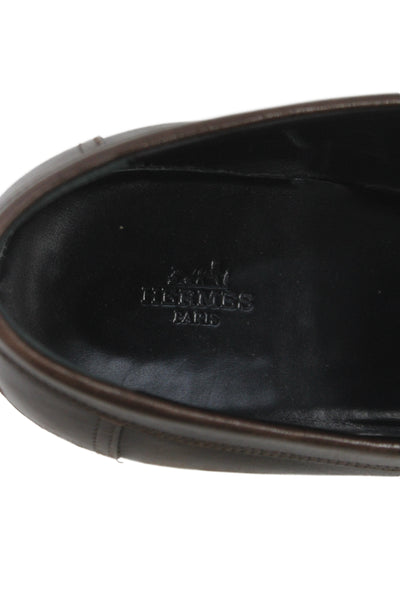 Hermes Mens Leather Buckle Side Slide On Dress Loafers Brown Size 10