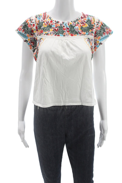 Tiny Women Cropped Floral Blouse White Cotton Size S