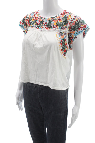 Tiny Women Cropped Floral Blouse White Cotton Size S
