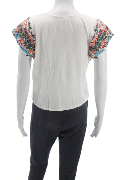 Tiny Women Cropped Floral Blouse White Cotton Size S