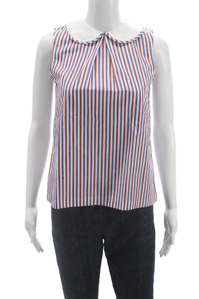 Jacadi Girls Cotton Striped Collar Sleeveless Blouse Top Blue Red Size 12