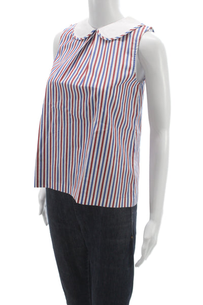 Jacadi Girls Cotton Striped Collar Sleeveless Blouse Top Blue Red Size 12