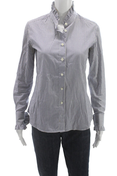 Barneys New York Women Striped Cotton Button-Up White Long-Sleeve Size 38