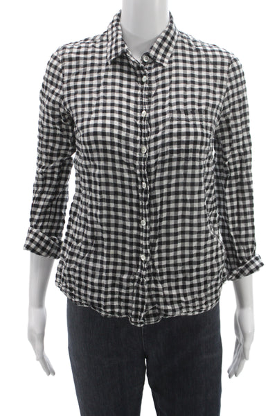 J Crew Womens Collared Check Button-Up Top 3/4 Sleeve Black Size 4