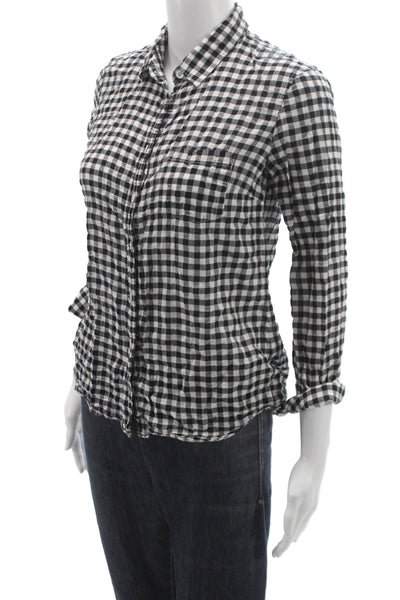 J Crew Womens Collared Check Button-Up Top 3/4 Sleeve Black Size 4