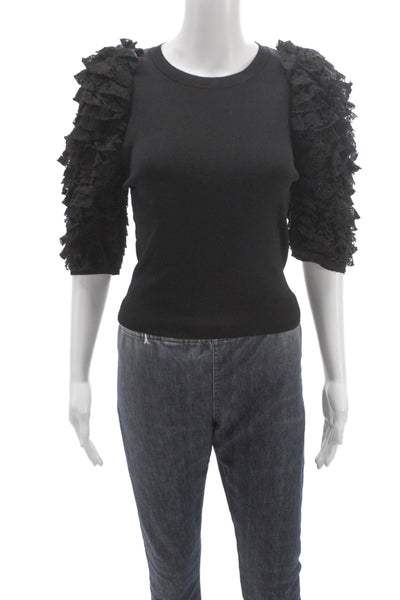 Zara Women Black Cotton Crew Neck 3/4 Sleeve Top Designer Size S