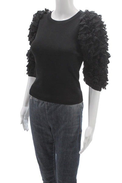 Zara Women Black Cotton Crew Neck 3/4 Sleeve Top Designer Size S