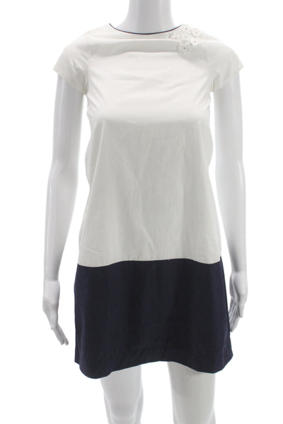 Jacadi Girls Cotton Colorblock Floral Embellished A-line Dress White Navy Sz 10