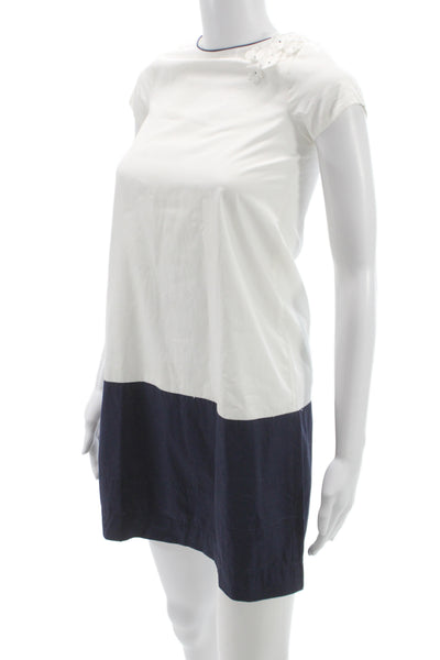 Jacadi Girls Cotton Colorblock Floral Embellished A-line Dress White Navy Sz 10