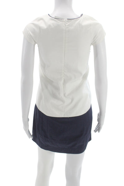 Jacadi Girls Cotton Colorblock Floral Embellished A-line Dress White Navy Sz 10