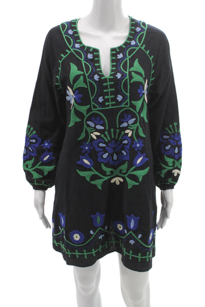 Roller Rabbit Women Black Floral Kaftan Dress Cotton Long Sleeve Boho Size S