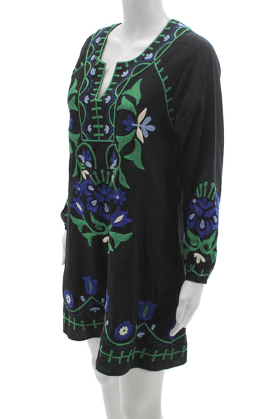 Roller Rabbit Women Black Floral Kaftan Dress Cotton Long Sleeve Boho Size S