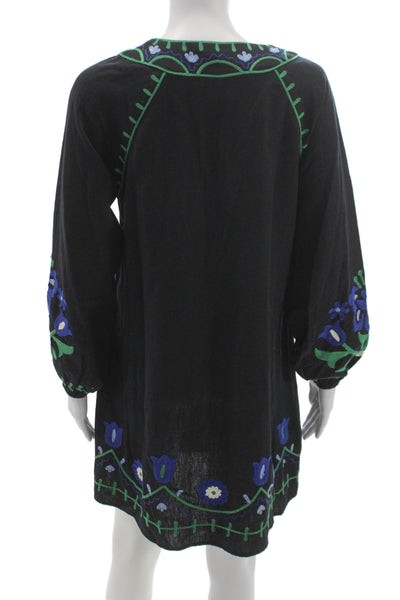 Roller Rabbit Women Black Floral Kaftan Dress Cotton Long Sleeve Boho Size S