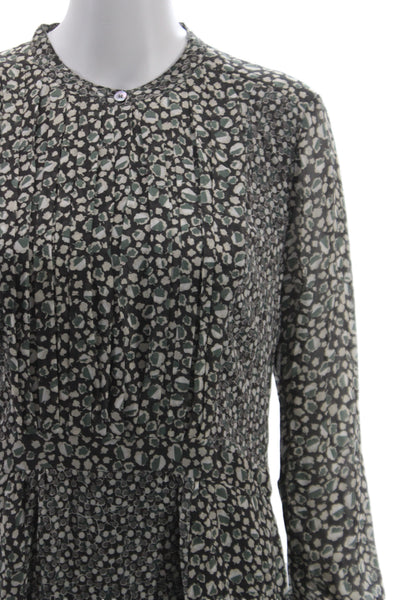 Burberry Brit Women Silk Black Floral Shirt Dress Long Sleeve Knee Size 12