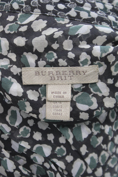 Burberry Brit Women Silk Black Floral Shirt Dress Long Sleeve Knee Size 12