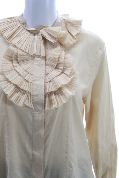 Givenchy Womens High Neck Long Sleeve Beige Cotton Button Up Blouse Size 40