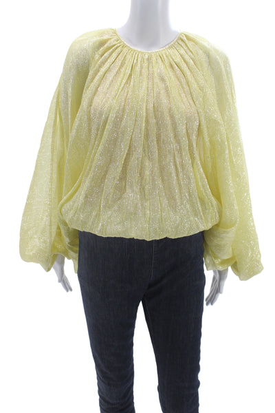 Halston Women Yellow Silk Metallic Long Sleeve Round Neck Blouse Zip Size 4