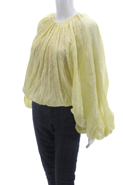 Halston Women Yellow Silk Metallic Long Sleeve Round Neck Blouse Zip Size 4