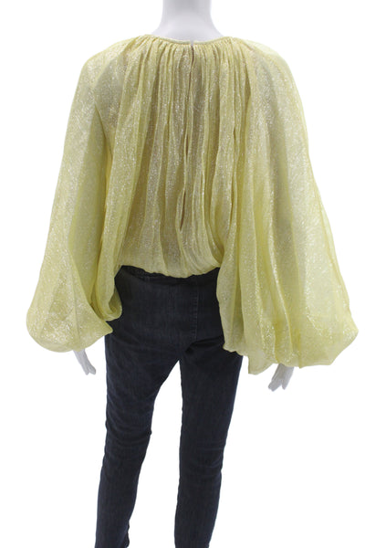 Halston Women Yellow Silk Metallic Long Sleeve Round Neck Blouse Zip Size 4