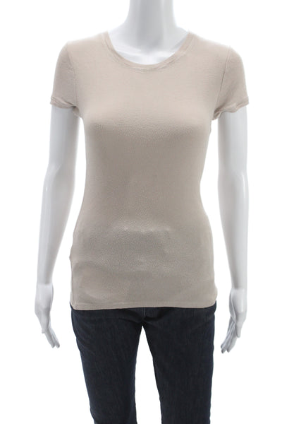 BCBG Max Azria Women Beige Basic T-Shirt Rayon Round Neck Short Sleeve Size S