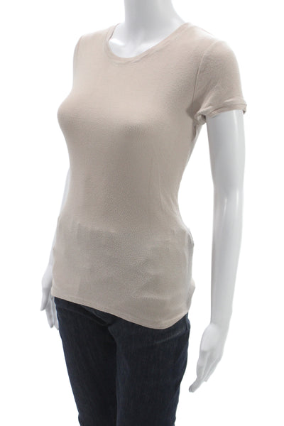 BCBG Max Azria Women Beige Basic T-Shirt Rayon Round Neck Short Sleeve Size S
