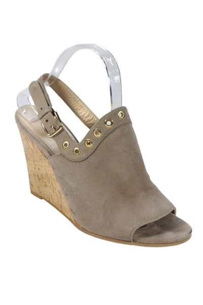 Stuart Weitzman Womens Suede Grommet Cork Slingbacks Wedges Beige Size 9 Medium