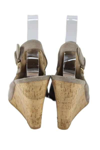 Stuart Weitzman Womens Suede Grommet Cork Slingbacks Wedges Beige Size 9 Medium